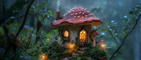 mushroom house in forest, AI generated imageの素材