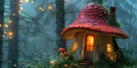 mushroom house nestled in the heart of an enchanted forest, AI generated imageの素材