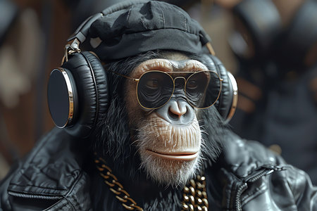 chimpanzee with headphone, AI generated imageの素材