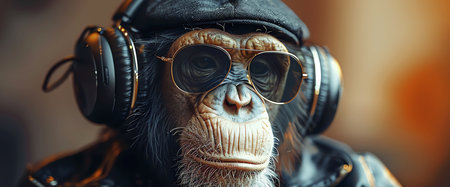 chimpanzee with headphone, AI generated imageの素材