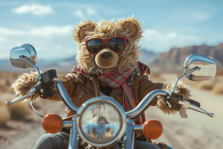 cheerful teddy bear riding motorbike in a desert, AI generated imageの素材