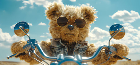 cheerful teddy bear riding motorbike in a desert, AI generated imageの素材
