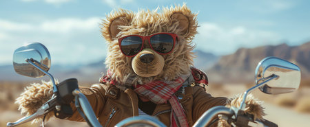 cheerful teddy bear riding motorbike in a desert, AI generated imageの素材