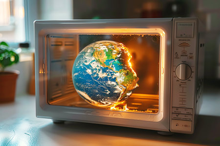 orld in microwave oven, global warming concept, AI generated imageの素材