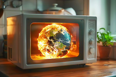 orld in microwave oven, global warming concept, AI generated imageの素材
