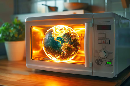 orld in microwave oven, global warming concept, AI generated imageの素材