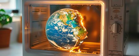 orld in microwave oven, global warming concept, AI generated imageの素材