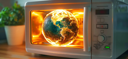 orld in microwave oven, global warming concept, AI generated imageの素材