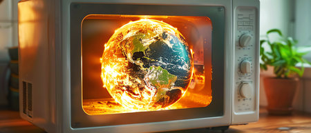 orld in microwave oven, global warming concept, AI generated imageの素材