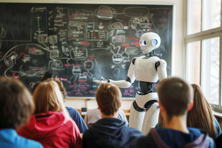 Robot is teaching student class, AI generated imageの素材