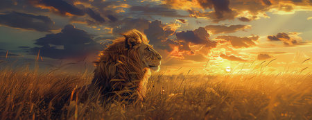 lion at sunset, AI generated imageの素材