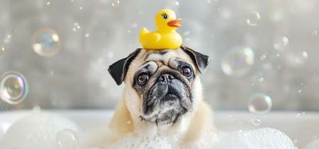 dog with rubber duck on the head in a bathtub, AI generated imageの素材