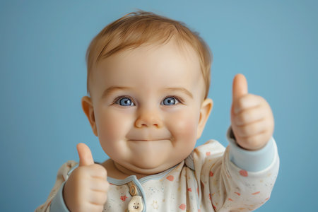 Cute smiling happy baby boy showing thumbs up, AI generated imageの素材