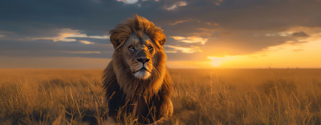 lion at sunset, AI generated imageの素材