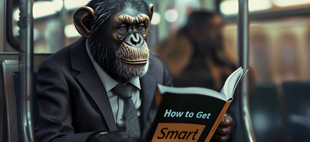 monkey reading in a subway, AI generated imageの素材
