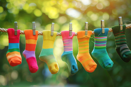 Multicolored Kids socks hanging on a rope, AI generated imageの素材