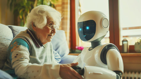 Smart robot helping elderly at home or in retirement home, AI generated imageの素材