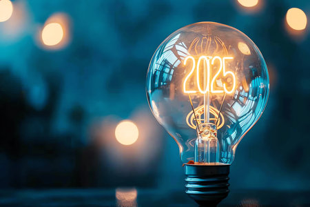A light bulb with glowing text "2025" inside, AI generated imageの素材