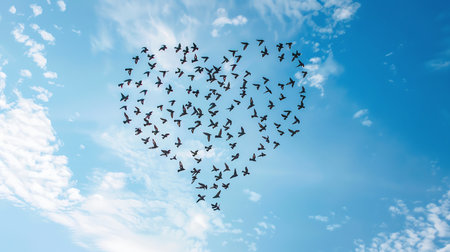 Birds fly heart shaped on blue sky, AI generated imageの素材