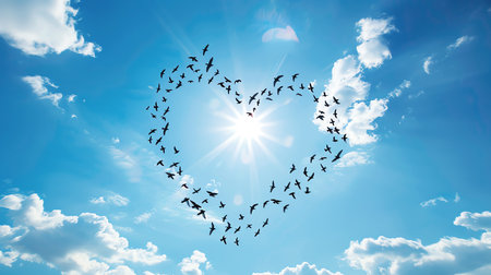 Birds fly heart shaped on blue sky, AI generated imageの素材