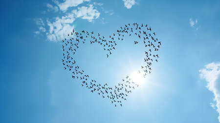 Birds fly heart shaped on blue sky, AI generated imageの素材