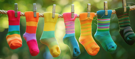 Multicolored Kids socks hanging on a rope, AI generated imageの素材