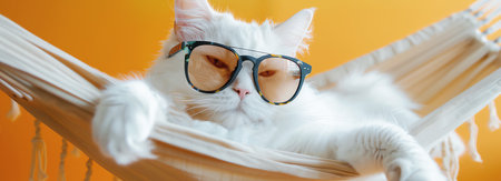 adorable white cat in sunglasses and a shirt, lies on a fabric hammock, AI generated imageの素材