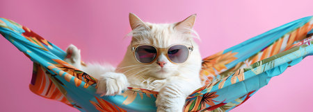adorable white cat in sunglasses and a shirt, lies on a fabric hammock, AI generated imageの素材