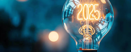 A light bulb with glowing text "2025" inside, AI generated imageの素材