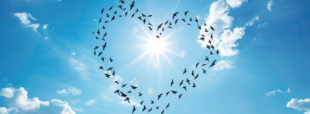 Birds fly heart shaped on blue sky, AI generated imageの素材