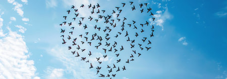 Birds fly heart shaped on blue sky, AI generated imageの素材