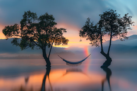 tranquil water scene with two trees and a hammock, AI generated imageの素材