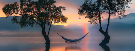 tranquil water scene with two trees and a hammock, AI generated imageの素材