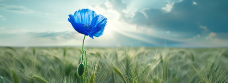 blue poppy rising amidst a green wheat field, AI generated imageの素材