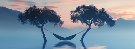 tranquil water scene with two trees and a hammock, AI generated imageの素材