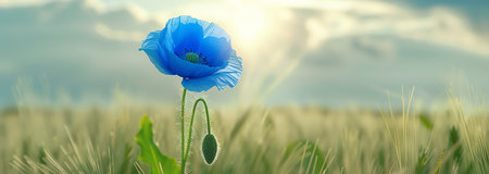 blue poppy rising amidst a green wheat field, AI generated imageの素材