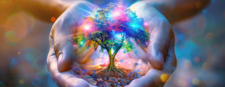 the tree of life growing out of a pair of cupped hands, AI generated imageの素材