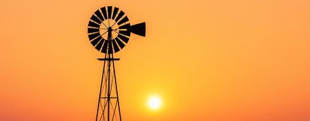 windmill silhouetted against an orange sky, AI generated imageの素材