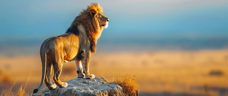 lion at sunset, AI generated imageの素材