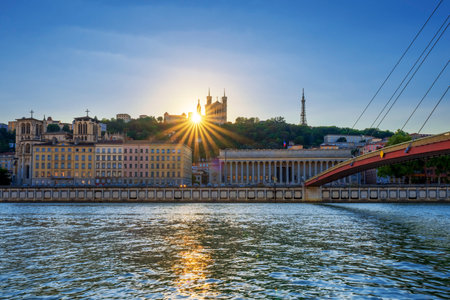 View of Lyon at sunset, France, Europeの写真素材
