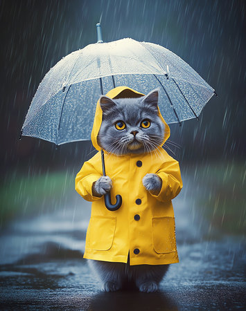 cat with umbrella under the rain, AI generated imageの素材