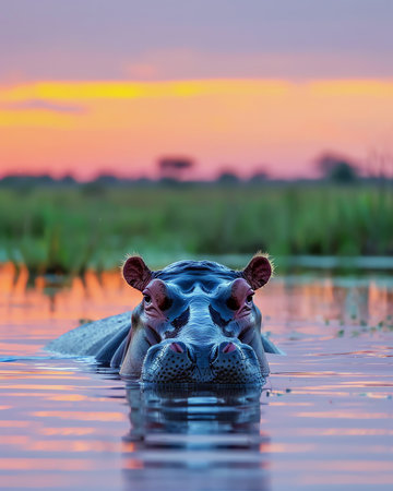 hippo in a lake at sunset, AI generated imageの素材