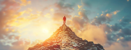 A person climbing a mountain of money, AI generated imageの素材
