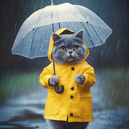 cat with umbrella under the rain, AI generated imageの素材