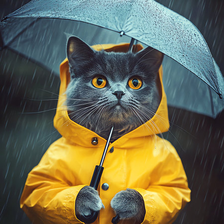 cat with umbrella under the rain, AI generated imageの素材