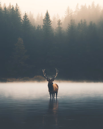 elk in a lake, AI generated imageの素材
