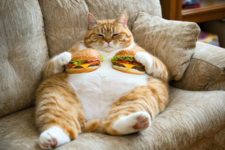 fat cat with fast food burger on sofa, AI generated imageの素材