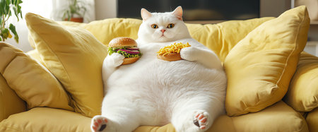 fat cat with fast food burger on sofa, AI generated imageの素材