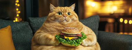fat cat with fast food burger on sofa, AI generated imageの素材