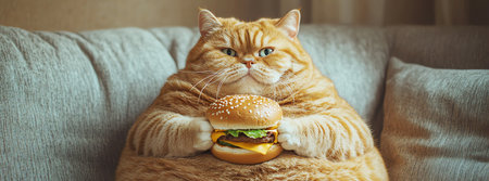 fat cat with fast food burger on sofa, AI generated imageの素材